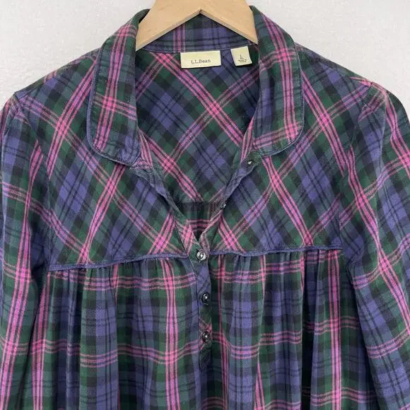 LL BEAN Nightgown Womens L Flannel Plaid Long Sleeve Sleepwear PJs Cotton Purple - Picture 6 of 14